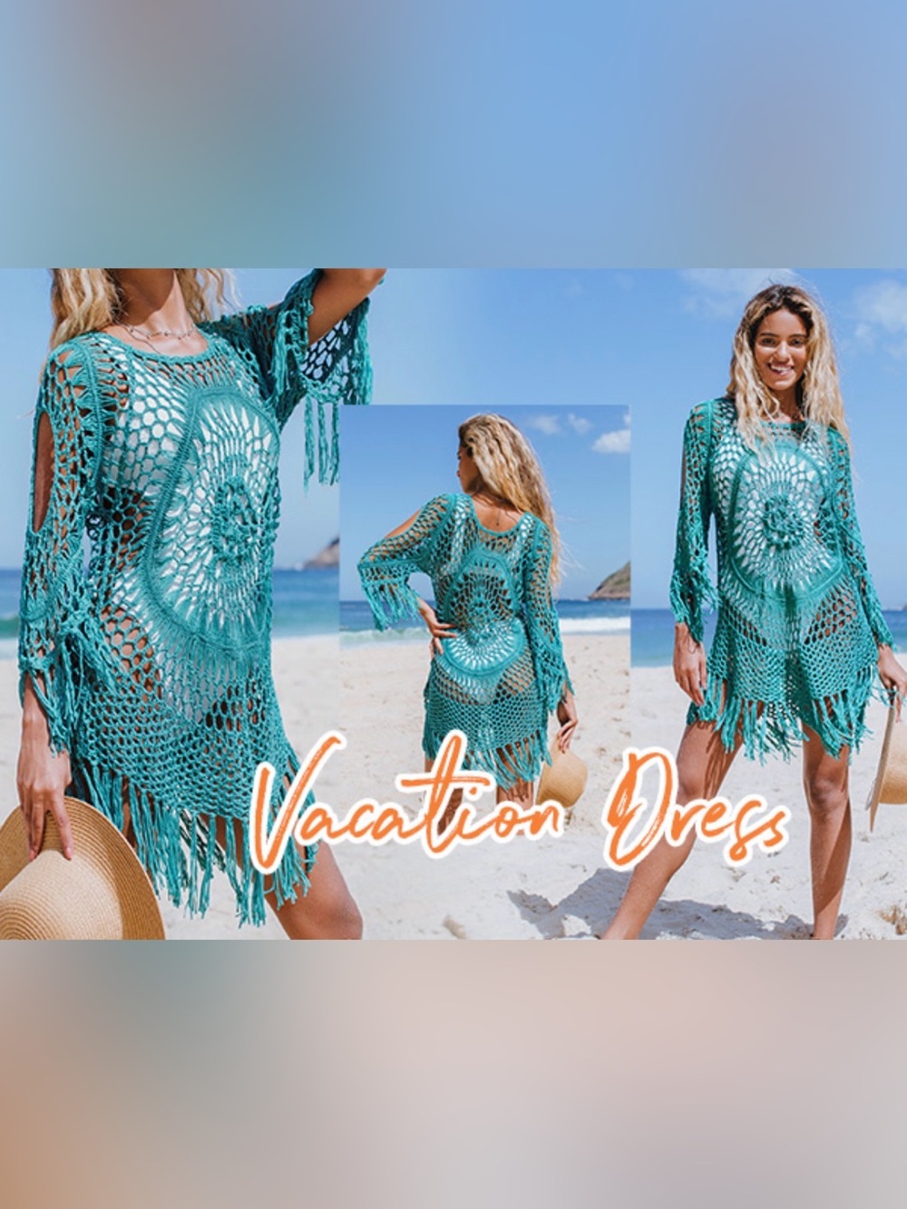 Cupshe Teal Crochet Fringe Tunic Cover-Up